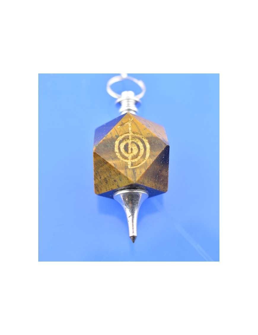 Pendule métal et oeil de tigre gravé avec chaîne argentée