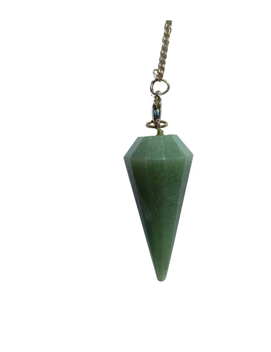 Pendule divinatoire Aventurine conique facettée, chaîne argentée avec pierres 7 chakras en décoration