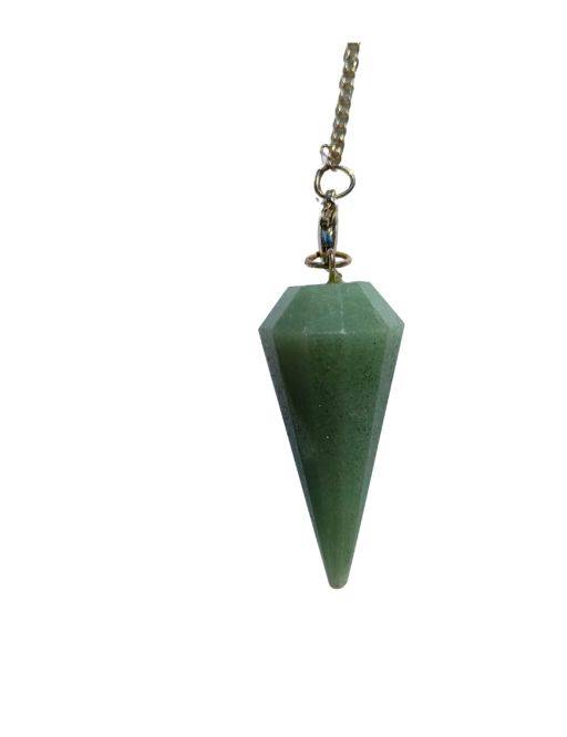 Pendule divinatoire Aventurine conique facettée, chaîne argentée avec pierres 7 chakras en décoration