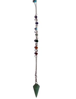 Pendule divinatoire Aventurine conique facettée, chaîne argentée avec pierres 7 chakras en décoration