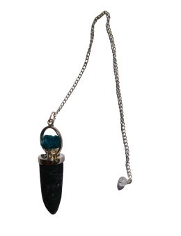 Pendule divinatoire en tourmaline et métal argenté avec cristaux d'azurite