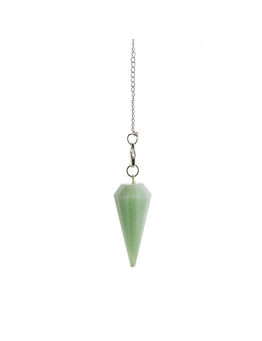 Pendule Aventurine conique facettée, chaîne argentée avec pierres 7 chakras en décoration